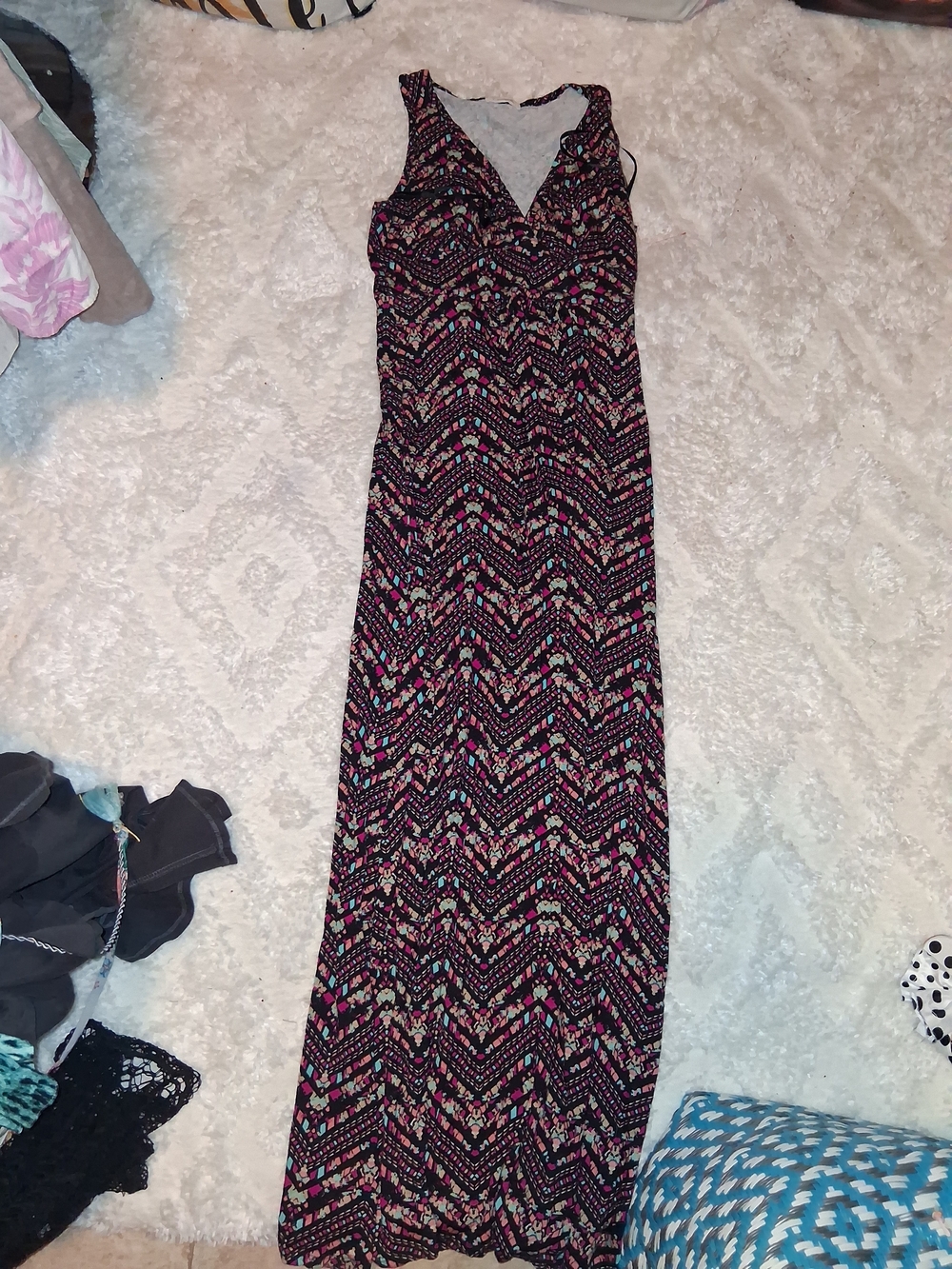 Loveappella Black Chevron Maxi Dress with Pink & Teal Accents
